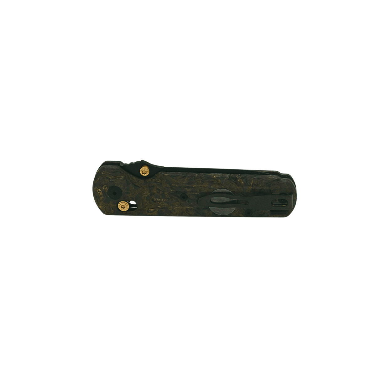Fox Knives Gabi Dark Matter Gold, geschlossenes Taschenmesser mit Clip und goldfarbenem Pivot.