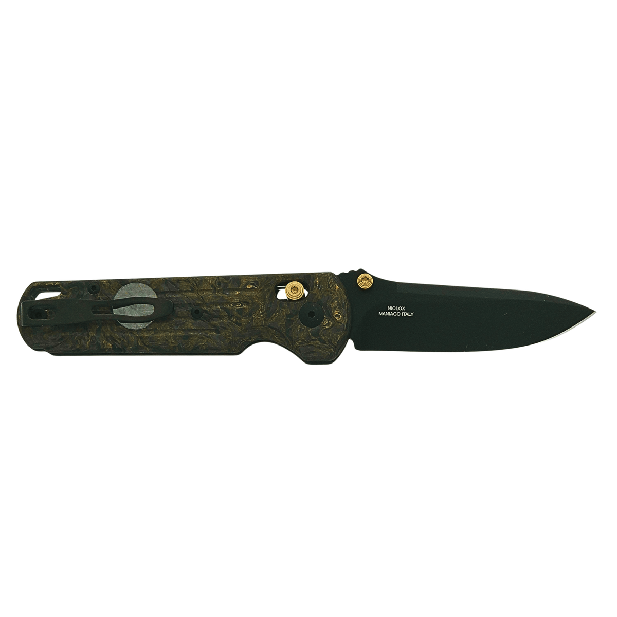 Fox Knives Gabi Dark Matter Gold, Rückseite mit sichtbarer Niolox-Gravur und Clip.