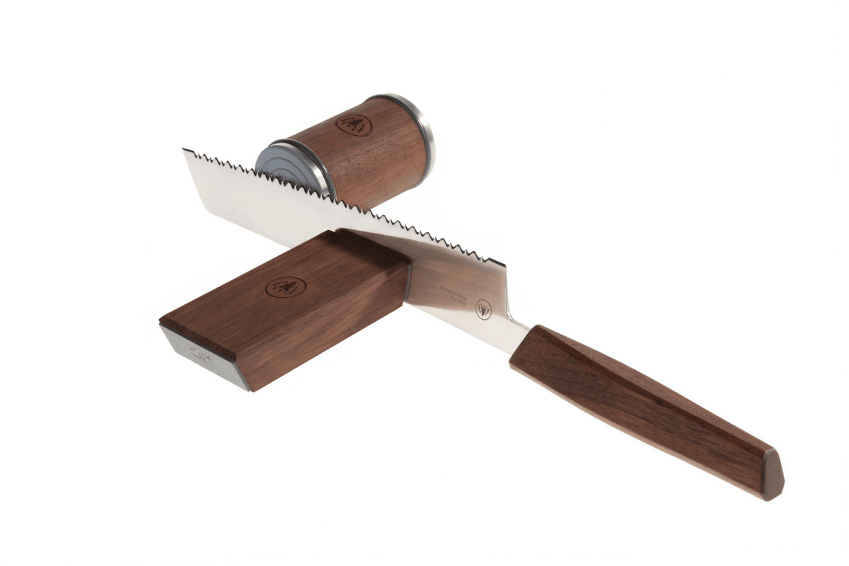 HORL Brotmesser Nussbaum zusammen mit einem HORL Rollschleifer aus Nussbaum.