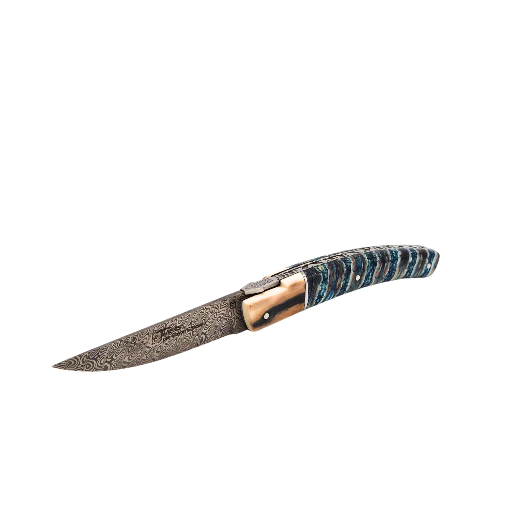 Goyon Chazeau, Le Thiers Pirou, Damast-Taschenmesser-Mammutbackenzahn, Mammutelfenbein, 12 cm