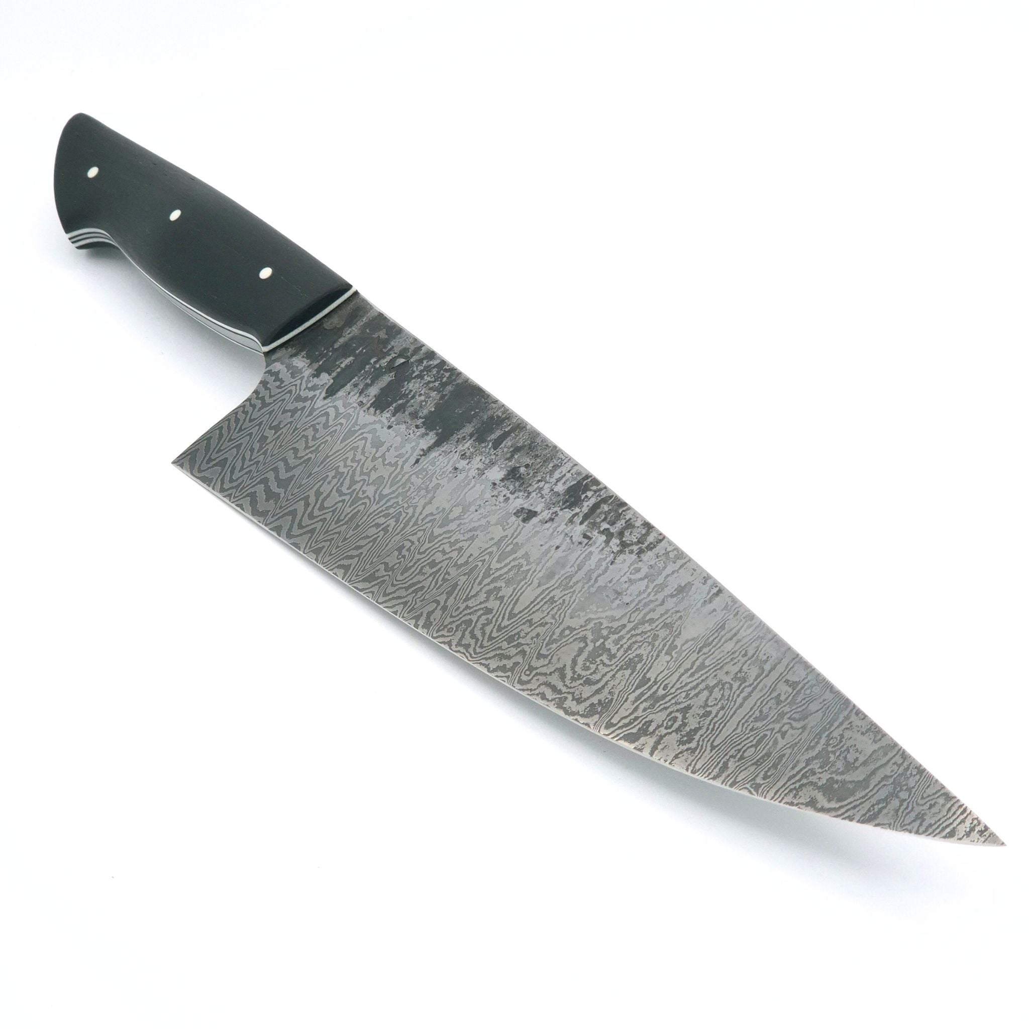 Martin Huber, Damast Kochmesser, Mooreiche, 50 Lagen, O2-Stahl, handgemacht, rostend