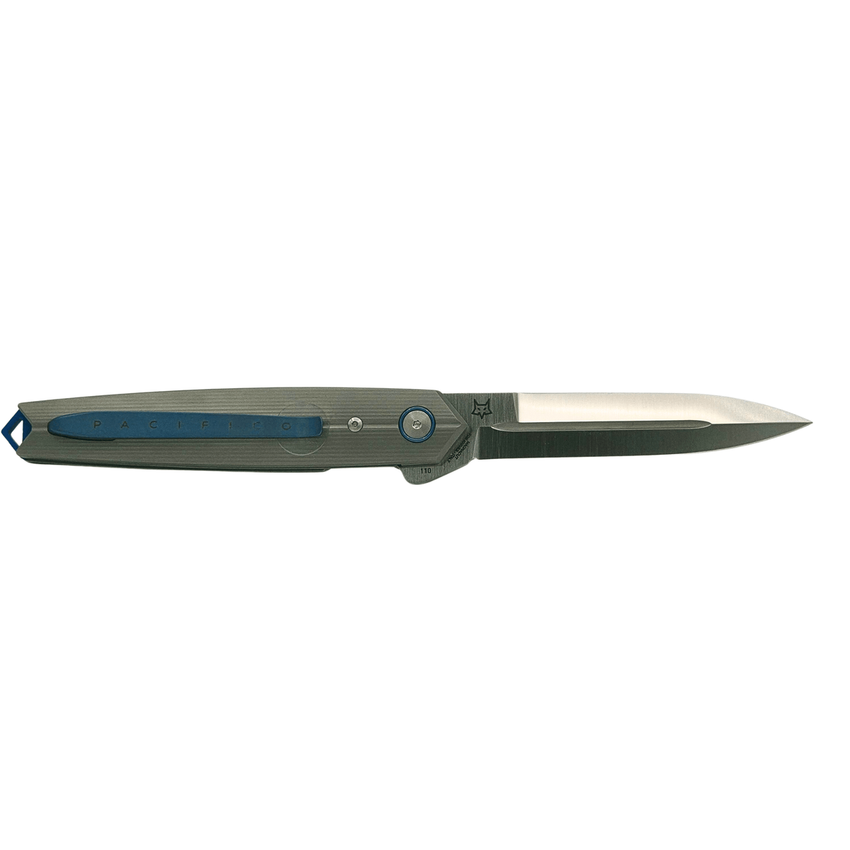 Fox Knives Pacifico Titan, Rückseite mit blau anodisiertem Titan-Clip.