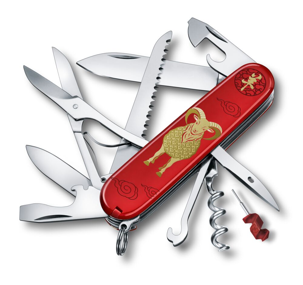 Victorinox Huntsman Year of the Goat 2027, rot, schräge Ansicht mit ausgeklappten Werkzeugen.