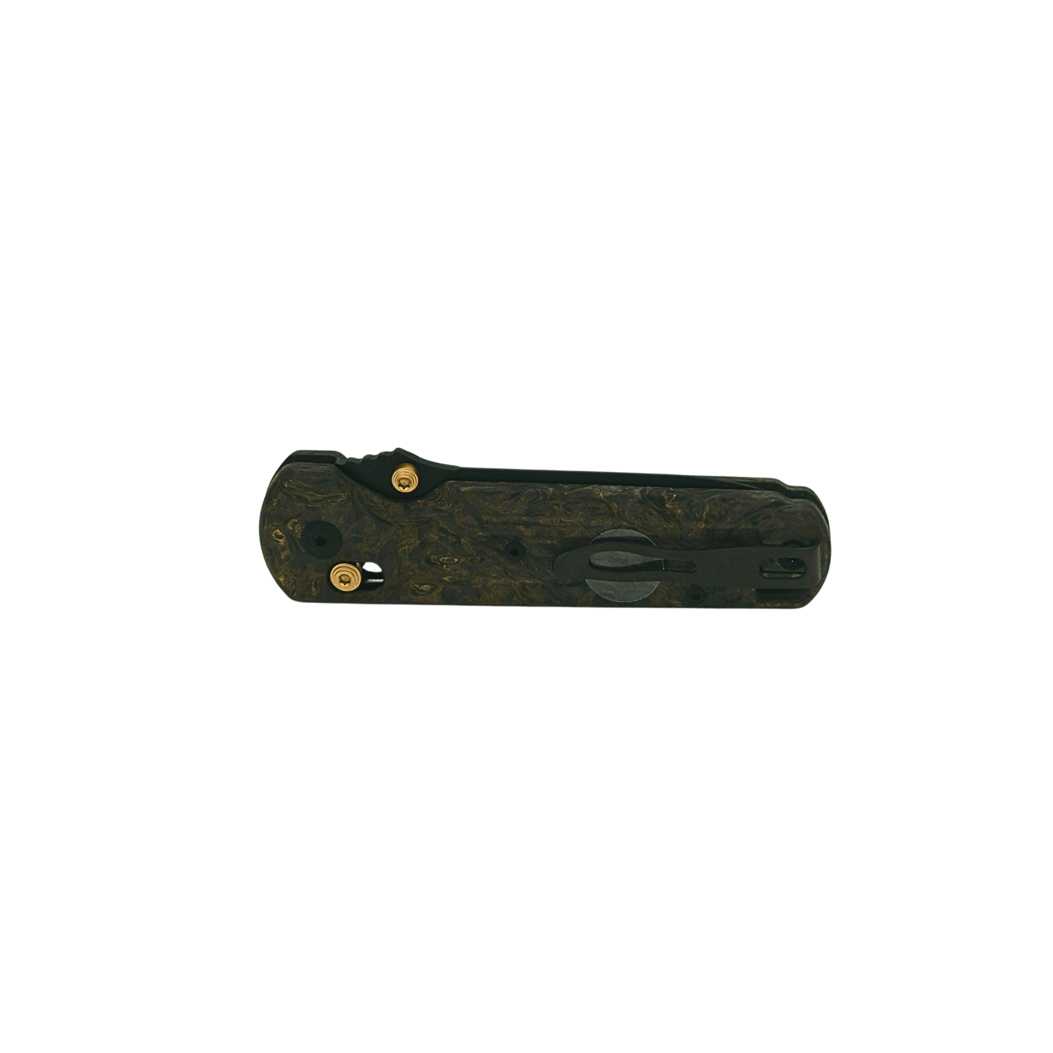 Fox Knives Gabi Dark Matter Gold, geschlossenes Taschenmesser mit Clip und goldfarbenem Pivot.