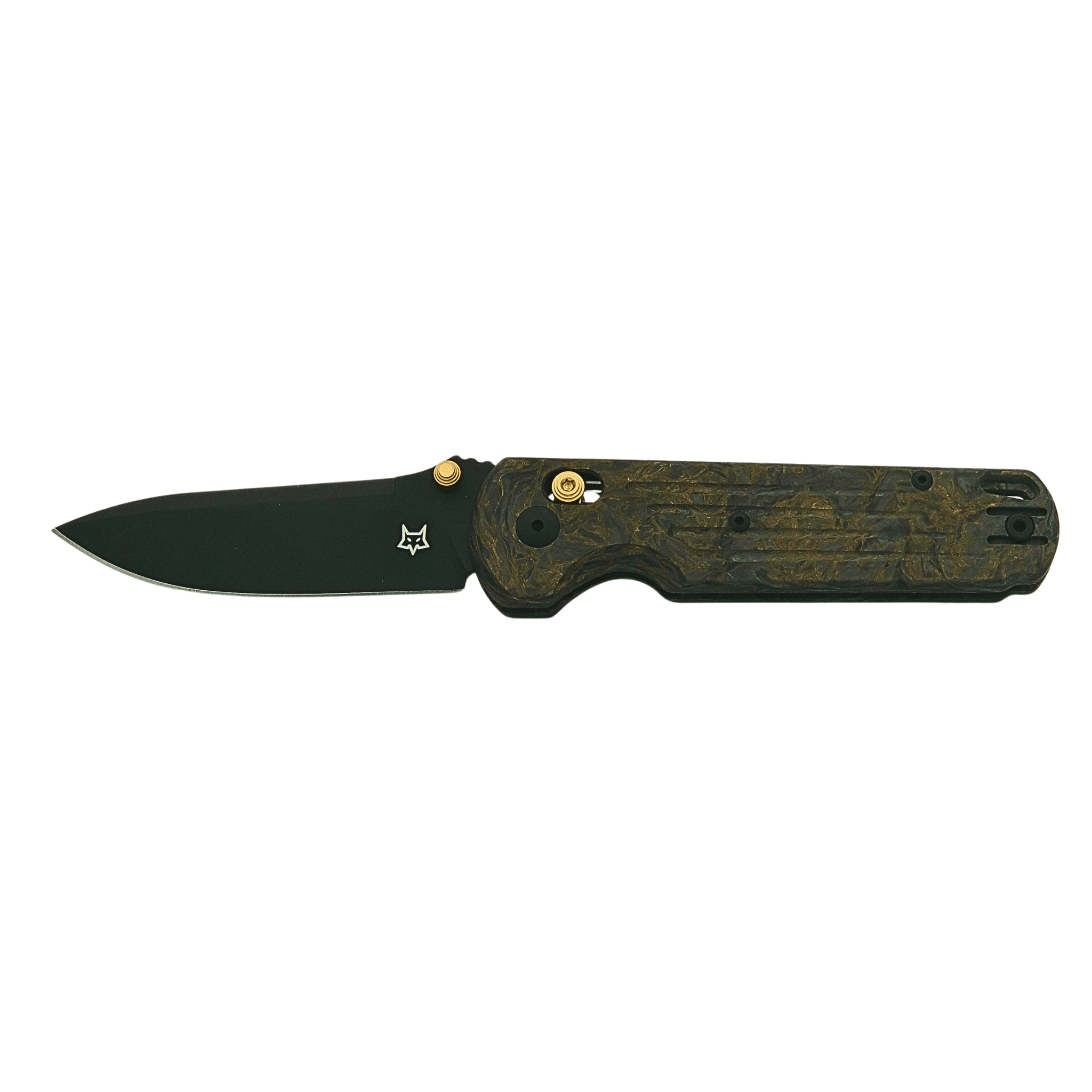 Fox Knives Gabi Dark Matter Gold, geöffnetes Taschenmesser mit schwarzer PVD-Klinge und marmoriertem Carbon-Griff.