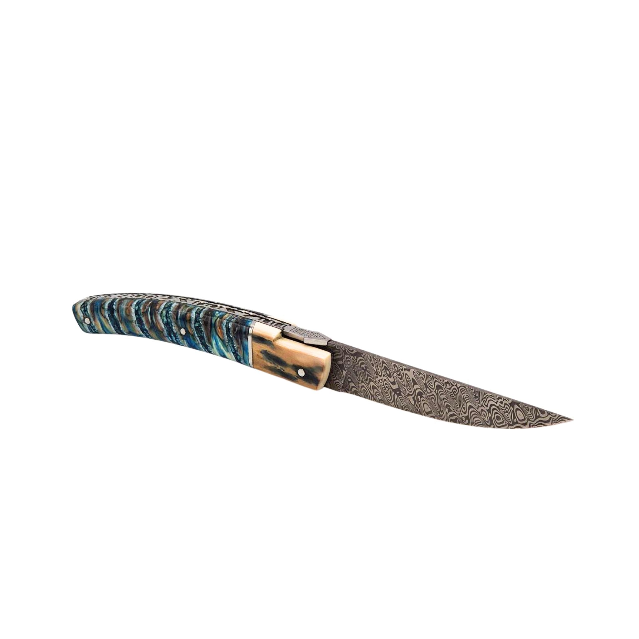 Goyon Chazeau, Le Thiers Pirou, Damast-Taschenmesser-Mammutbackenzahn, Mammutelfenbein, 12 cm