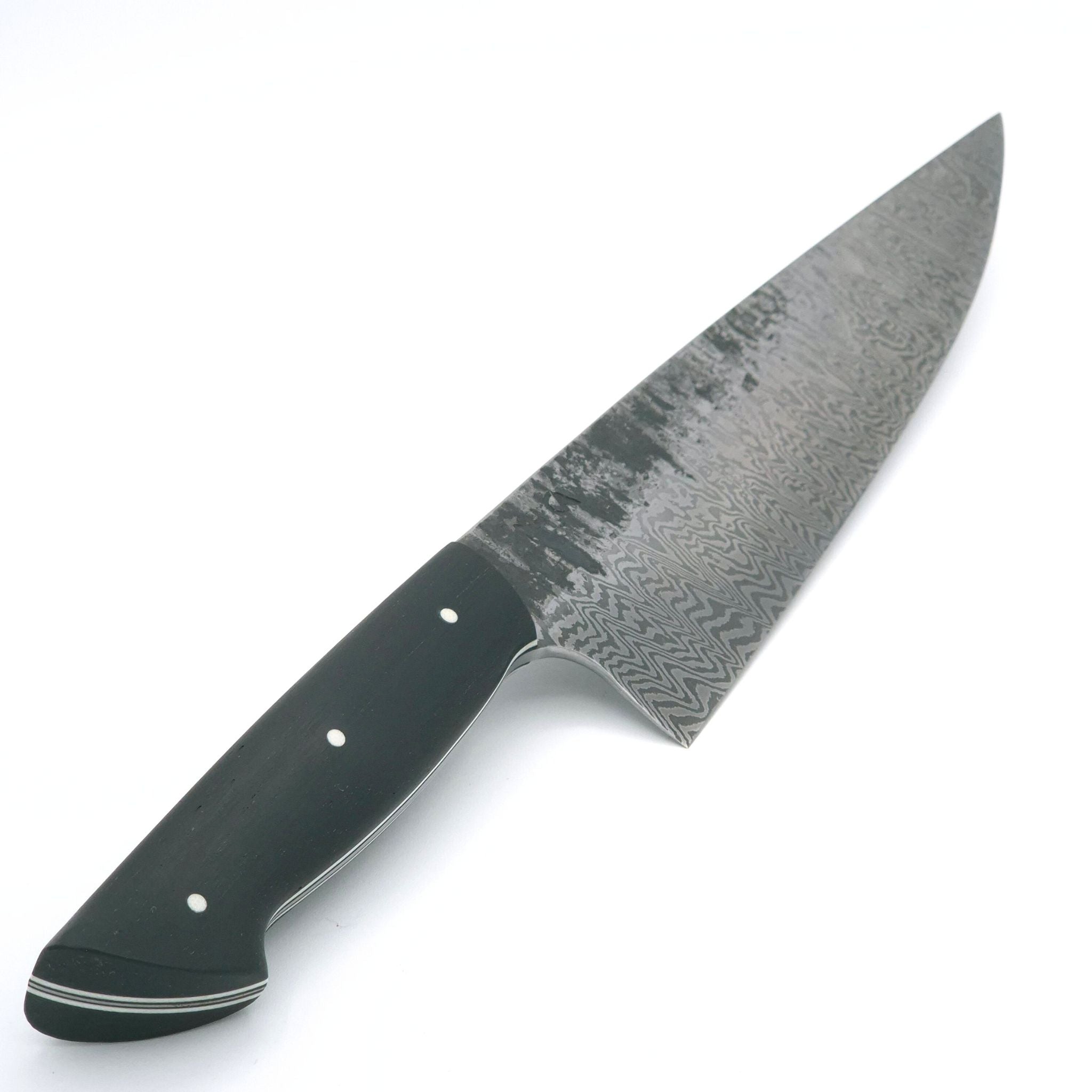 Martin Huber, Damast Kochmesser, Mooreiche, 50 Lagen, O2-Stahl, handgemacht, rostend