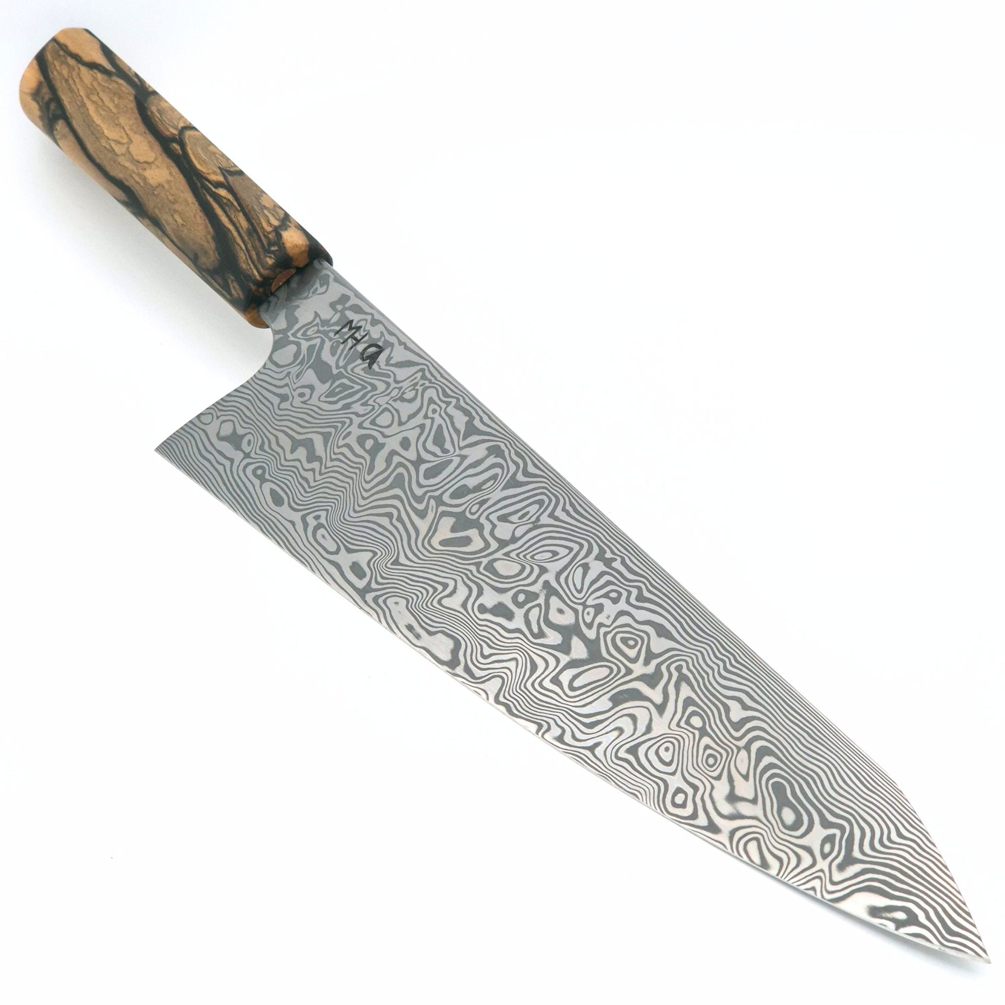 Martin Huber, Damast Kochmesser, Weißes Ebenholz, 100 Lagen, Damasteel, handgemacht