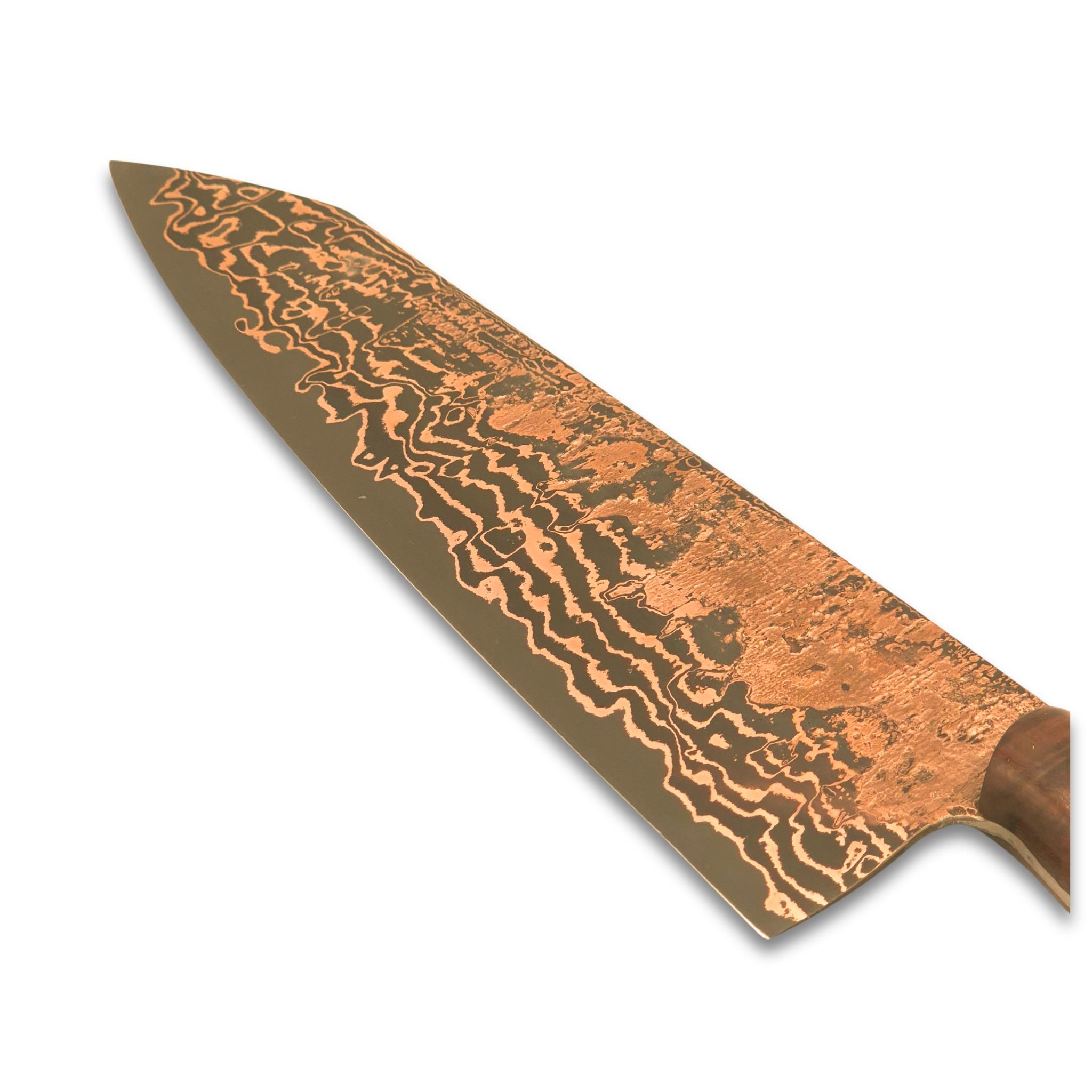Kalderum Blades, Österreichisches Kochmesser, Kupferdamast mit Apex Ultra Schneidlage, 22 cm