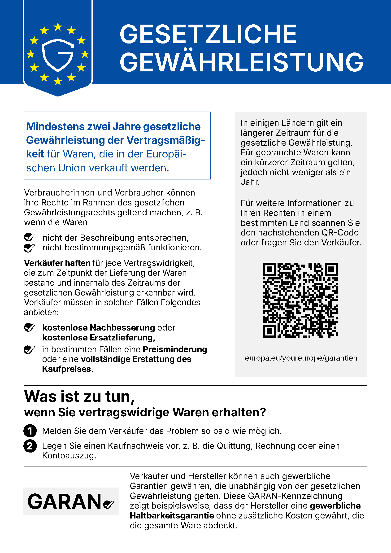 EU-Gewährleistungslabel: Informationen zu Ihren gesetzlichen Mängelrechten